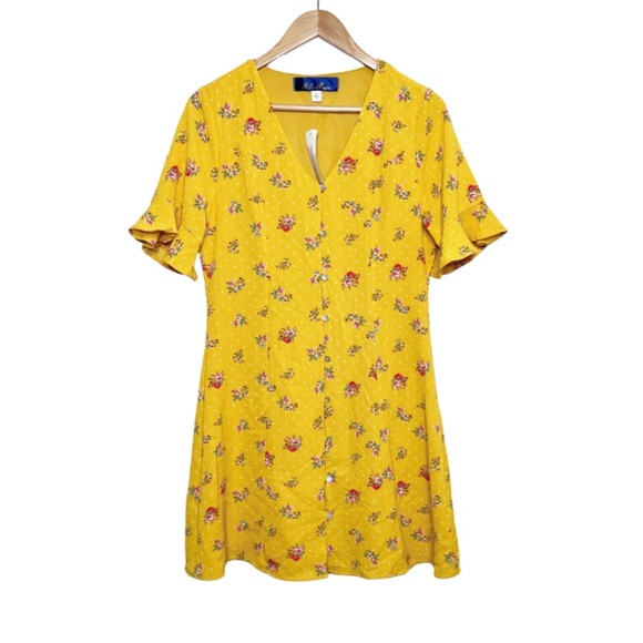 New with Tag Women's Francesca's Blue Rain Yellow Polka Dot Floral Mini Dress - Picture 1 of 16